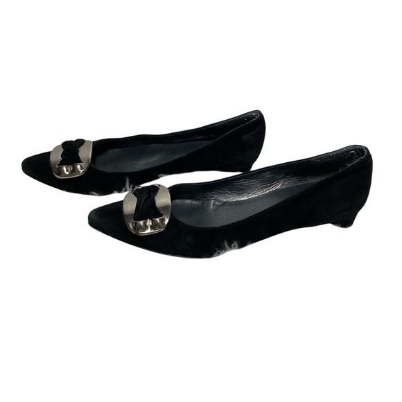 Stuart Weitzman Black Suede Heels with Silver Buckle Sz-6 - Picture 2 of 6